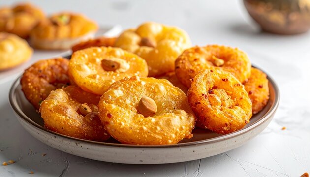 Golden crispy savory snacks and fritters on a plate representing popular Bangladeshi Ramadan food traditions