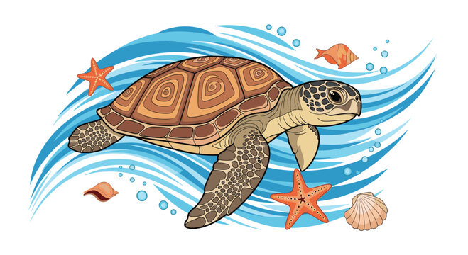 Majestic sea turtle swimming in the ocean waves surrounded by starfish seashells and air bubbles in a vibrant colorful illustration.