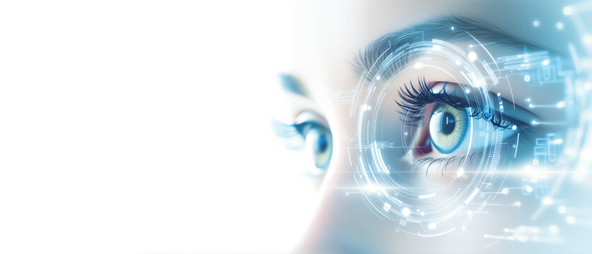Face and eye closeup of adult female with futuristic circular iris scanner. Concept of modern digital technology, biometrics, big data, internet of things.	
