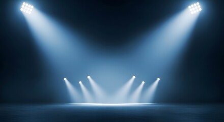 Concert stage with multiple spotlight beams shining down