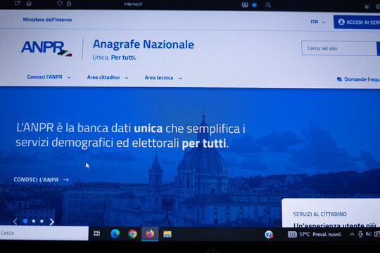 ANPR website on a Windows 11 operating system. ANPR is a public digital service managed by the Italian government for civil registry and population data management.