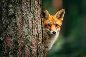 Fototapeta premium Wild red fox peeking behind tree