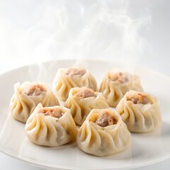 Steaming hot dumplings served on a white plate perfectly arranged white background.