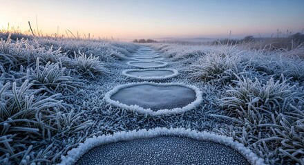 Frosty path through grassy field at sunrise