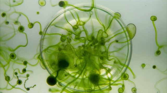 Microscopic timeleapse of green algae cells in a petri dish, viewed from above.