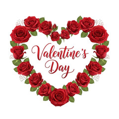 Valentines Day heart wreath with red roses and green leaves, floral arrangement