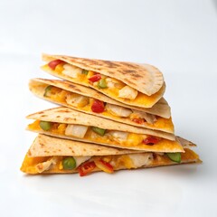 Stack of five chicken and vegetable quesadillas with melted cheese white background.
