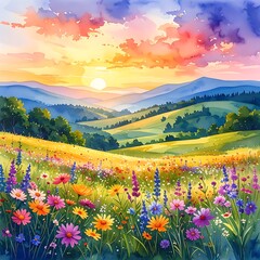Watercolor landscape with blooming wildflowers in a field under a vibrant sunset sky over distant hills