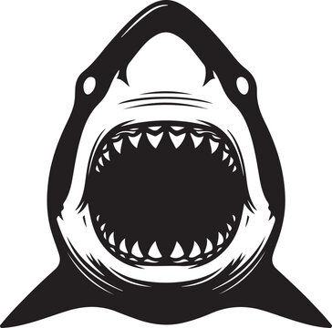 Powerful black and white shark head illustration with wide open jaws and sharp teeth