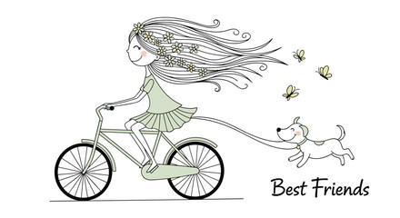 Obraz premium Simple line art illustration of a happy girl with flowers in her hair riding a bicycle with a small dog running along behind on a long leash.