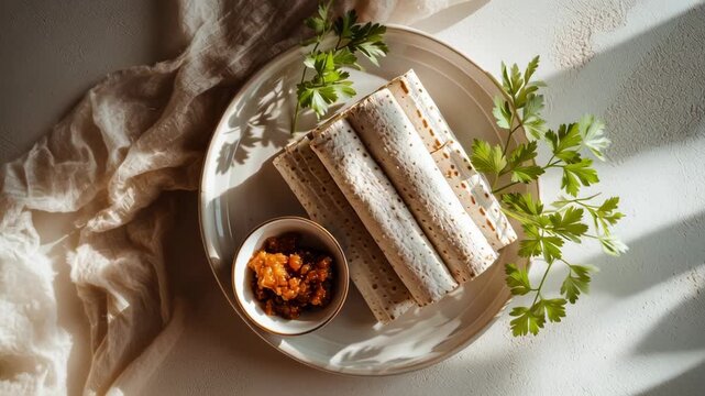 Top-Down Flat-Lay of Passover Seder Table: Matzah in Linen, Charoset, and Parsley