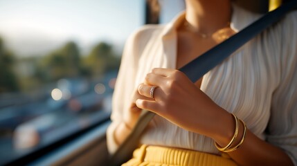 Obraz premium A hand fastening a safety belt in a bus, spotlighting the emphasis on passenger safety in public transportation systems and the protocols in place to protect commuters during their journeys.