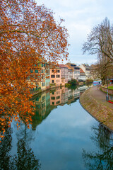 Obraz premium Strasbourg, France - December 5, 2025: Beautiful travel landscape with half-timbered houses on the banks of the river ill and decorated flowers in Strasbourg. France quarter in Strasbourg.