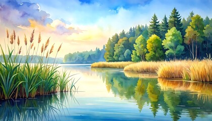 Watercolor landscape with golden reeds, forest and water reflecting the sky in a calming, peaceful nature scene