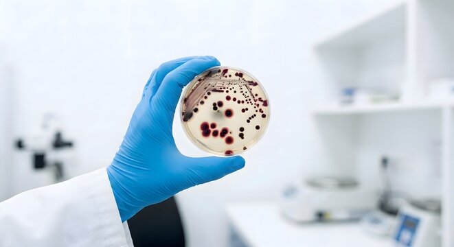 Gloved hand holding petri dish with colorful dots