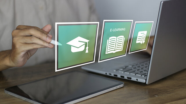 Education technology concept showing a person using a laptop and tablet with digital e-learning icons. Perfect for illustrating online study, remote webinars, and modern academic certification