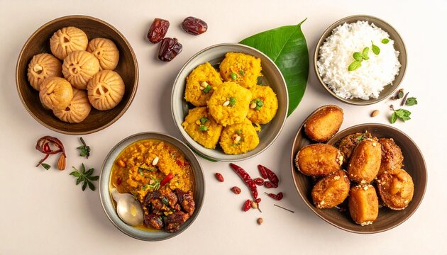 Flat Lay Photography of Authentic Bangladeshi Ramadan Food with Dates and Assorted Traditional Snacks on a White Table