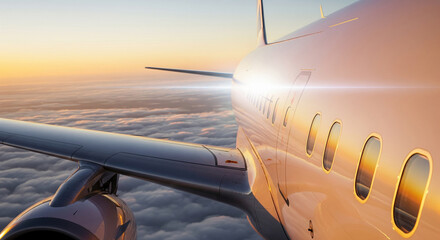 A view of an airplane wing flying above clouds at sunset, perfect for travel blogs, vacation concepts, and flight experience plans