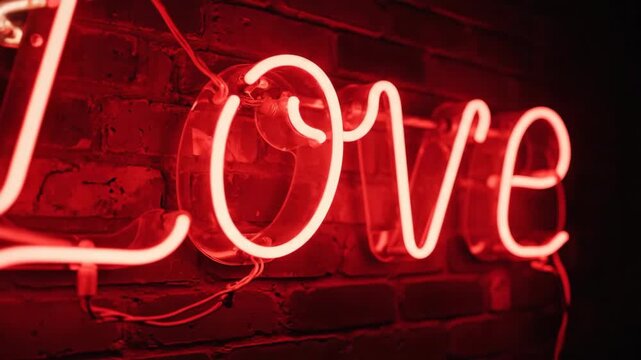 Glowing red neon sign spelling the word Love on a dark brick wall. Romantic atmosphere for Valentine's Day or dating concept