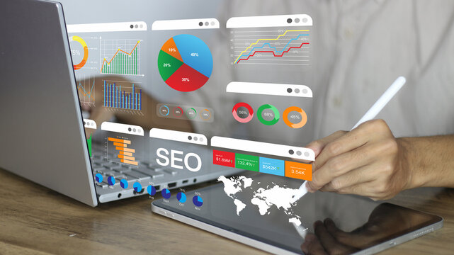 A professional using a tablet and laptop to analyze a digital SEO dashboard with colorful charts, graphs, and global maps, illustrating data-driven marketing strategies and web analytics