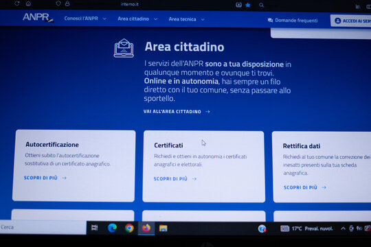 Computer screen displaying the login page of the Italian National Resident Registry (ANPR) website on a Windows 11 operating system. ANPR is a public digital service managed