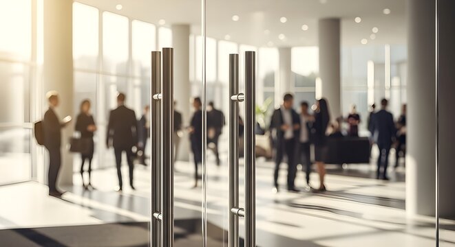 Modern office entrance with business professionals walking inside