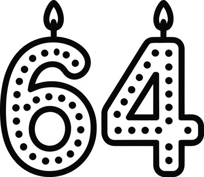 A simple black and white illustration of the number sixty-four with candles on top