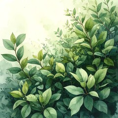 Watercolor leaves in verdant hues, forming a lush, dense botanical composition, with a soft, diffused, painterly background