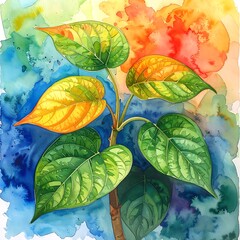 Watercolor leaves on a stem with vibrant blue, orange, and yellow paint splashes creating a colorful backdrop