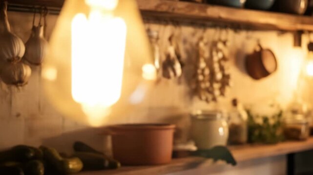 Rustic kitchen interior with hanging jars and various food items