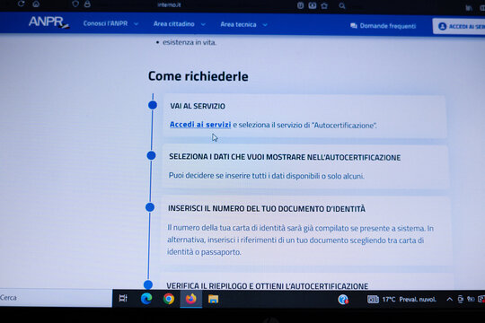 PC screen, public administration, real screen photo, technology, web interface, Windows 11
Computer screen displaying the login page of the Italian National Resident Registry (ANPR) website on a Windo