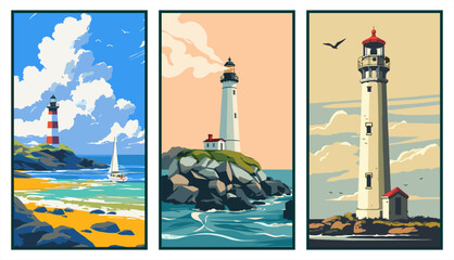 Set of three vintage coastal lighthouse posters. Scenic maritime landscapes with lighthouses on rocky shores, sailboats, and ocean waves. Vector. © hadi