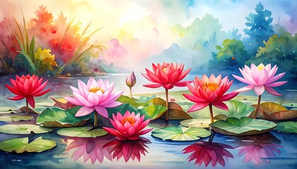 Watercolor lotuses rest on a pond with colorful, dreamy trees and reflections in the water