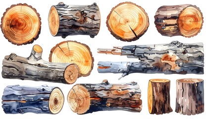 Watercolor logs and stumps set.  Realistic textures of wood grain, bark and raw edges.  Neutral and gray wood tones