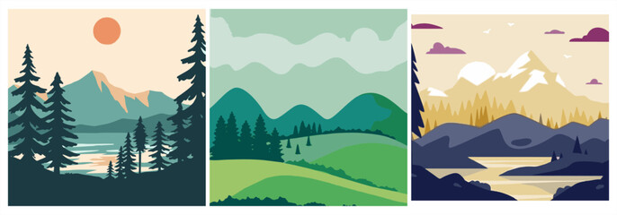 Obraz premium Set of three minimalist nature landscapes featuring evergreen forests, rolling green hills, and a snowy mountain lake at sunset. Modern flat design vector illustrations.
