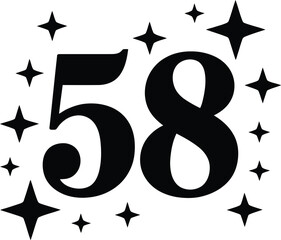 A stylized black number fifty-eight surrounded by stars on a gray background