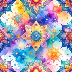 Watercolor mandala pattern with vibrant rainbow hues and floral motifs, creating a kaleidoscope of artistic expression