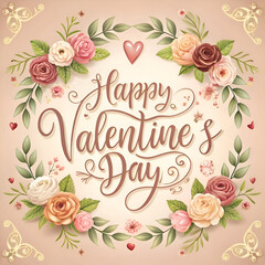 Floral Happy Valentine's Day greeting card design with various roses and leaves in pastel colors. Decorative heart shapes and calligraphy style text.