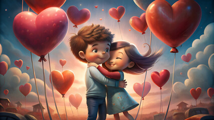 Cute children embracing in a romantic setting with heart shaped balloons. Happy children in casual clothing embracing amidst a sky filled with heart shaped balloons.