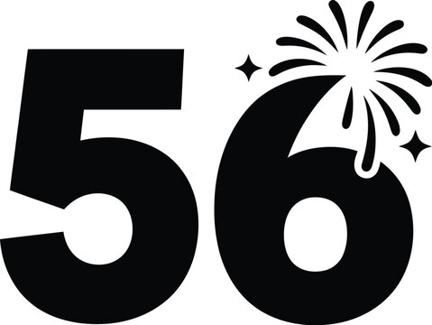 A large black number fifty-six with a firework design on a plain background