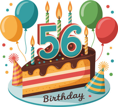 A colorful illustration of a birthday cake with candles and balloons celebrating a 56th birthday