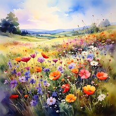 Watercolor meadow painting with bright wildflowers under a sunny sky with distant hills and trees