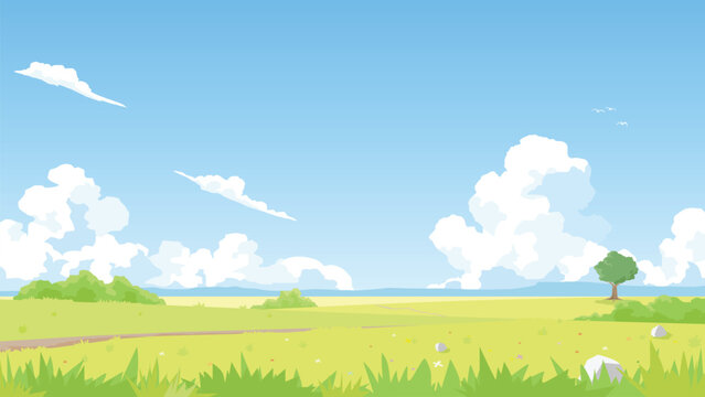 Vector illustration of beautiful summer landscape dirt path on green grassy meadow distant blue mountains and large fluffy white cumulus clouds against a blue sky. For textured nature background.
