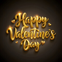 Gold Happy Valentine's Day greeting with decorative hearts. 3D text graphic on dark background. Generic design element for Valentine's Day advertising