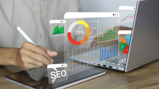 A professional using a stylus on a tablet alongside a laptop, with a holographic SEO dashboard displaying colorful data visualizations, charts, and a 75% progress ring for performance tracking
