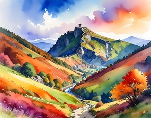 Watercolor mountain scene autumn colors, distant tower atop peak, valley below with river