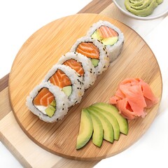 Fresh sushi roll (salmon avocado) on a wooden board, overhead view, isolated on white background