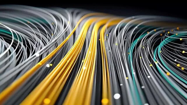 Data unknown virtual reality energetic fiber paths teal electric strands abstract cyber wave golden teal streaks futuristic data cords high tech signal path