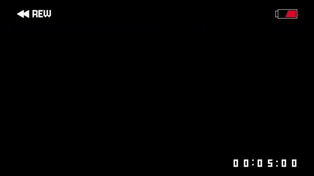 Rewind vhs and rew text on black background suitable for video editing, media playback, retro themes, technology concepts.