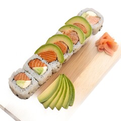 Fresh sushi roll (salmon avocado) on a wooden board, overhead view, isolated on white background